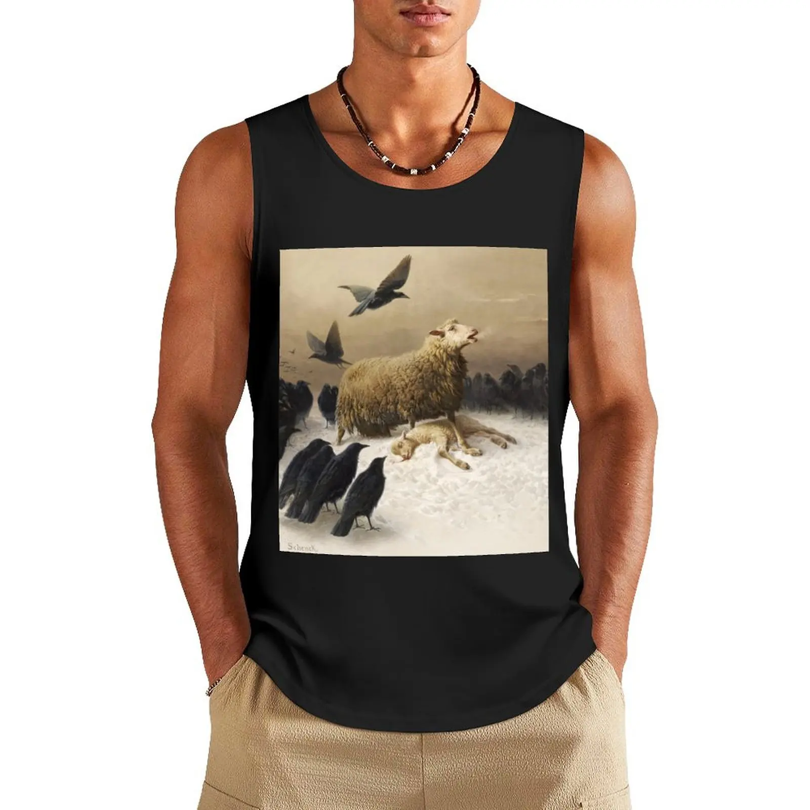 

Anguish Angoisses fine art oil painting by August Friedrich Schenck 1878 Mother sheep ewe with lamb and black crows HD Tank Top