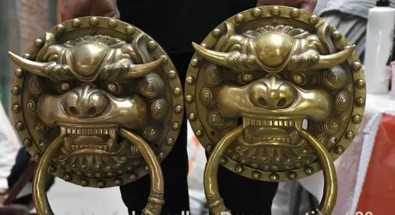 15 "الصينية النحاس فنغشوي الشر الحرس فو فو الكلب الأسد رئيس مطرقة الباب زوج #2