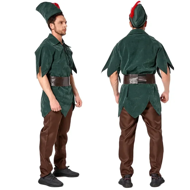 Adult Men Fairy Tales Robin Hood Peter Pan Costume Cosplay Halloween Set Medieval Forest Green Elf Prince Green Four Piece Set