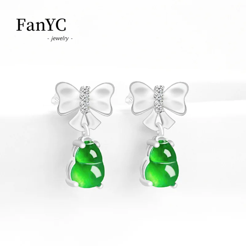 Myanmar A-goods Jadeite Gourd Bow Earrings S925 Silver Inlaid Fashion Simple Ice Jade Earrings Wholesale Ladies Gift