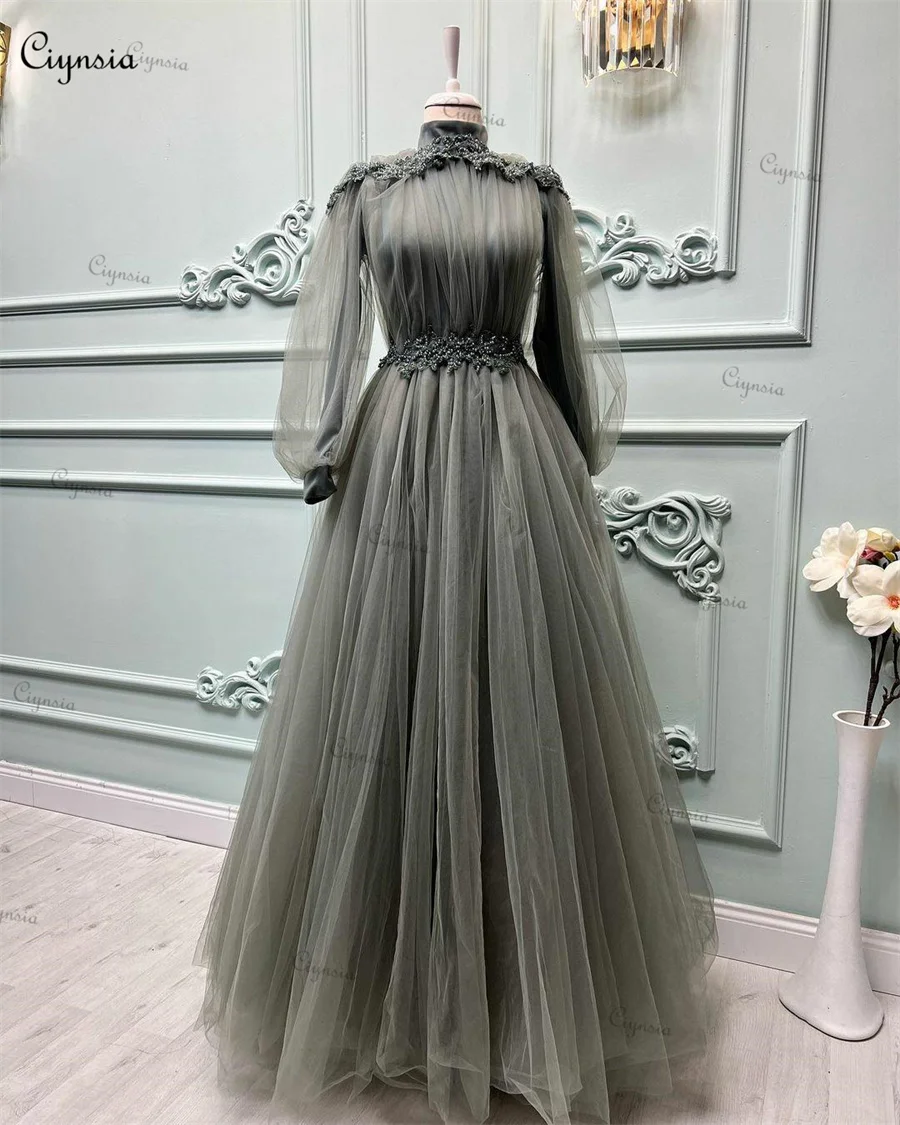 Ciynsia Elegant A-Line Muslim Formal Dress Long Sleeves Tulle High Neck Appliques Prom Dresses for Women Party Wedding Evening