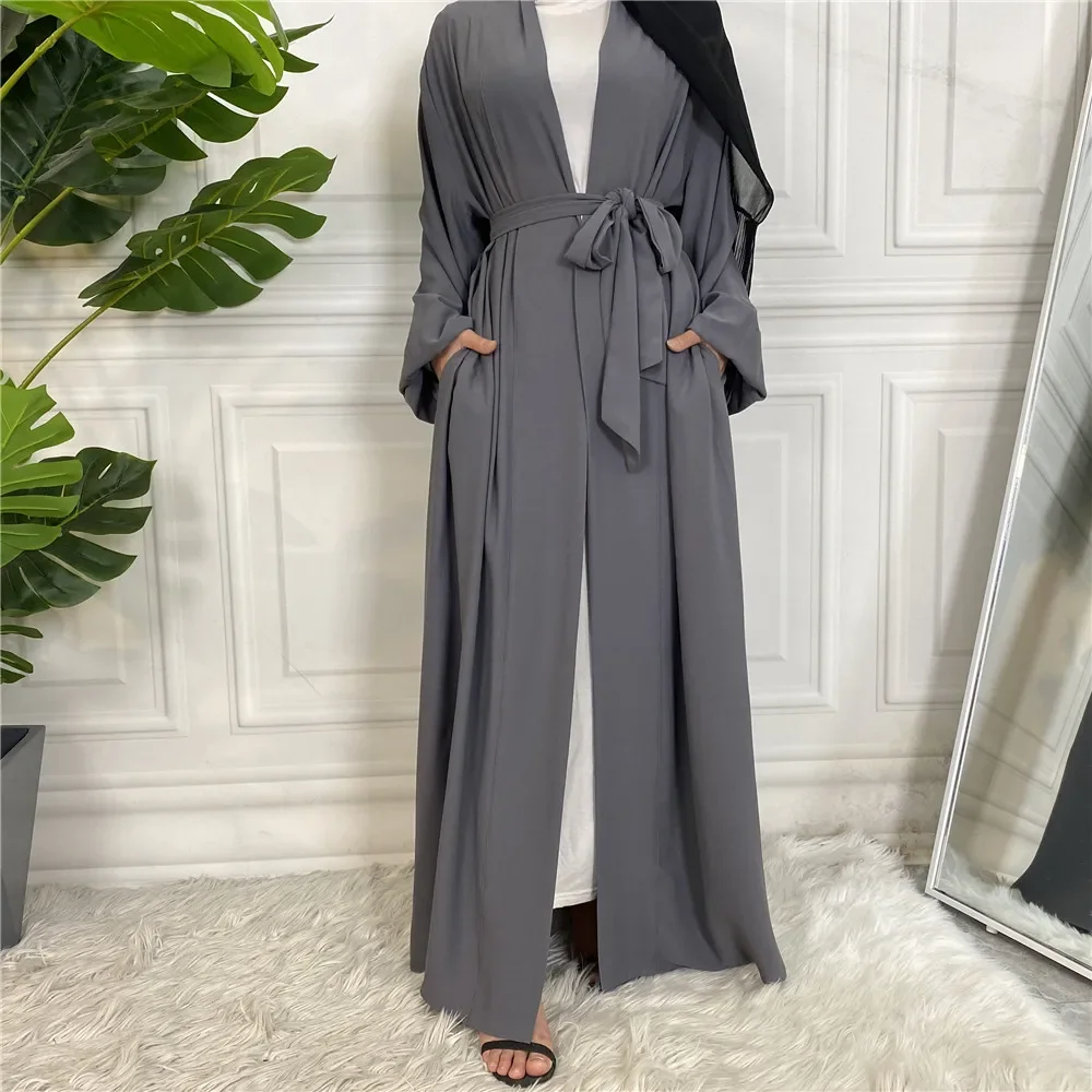 

Women Middle East Dress Pocket Lace-up Open Abaya Islamic Robe Solid Turkey Caftan Saudi Muslim Plain Robe Loose Lace-up Dress