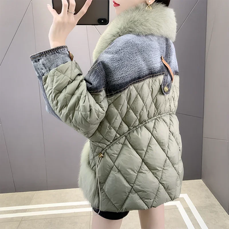 Winter Women Sewn Fur Jacket Fashion Imitation Fox Feather Down Cotton Padded Jacket Denim Jacket Short Style Overcoming Jacket