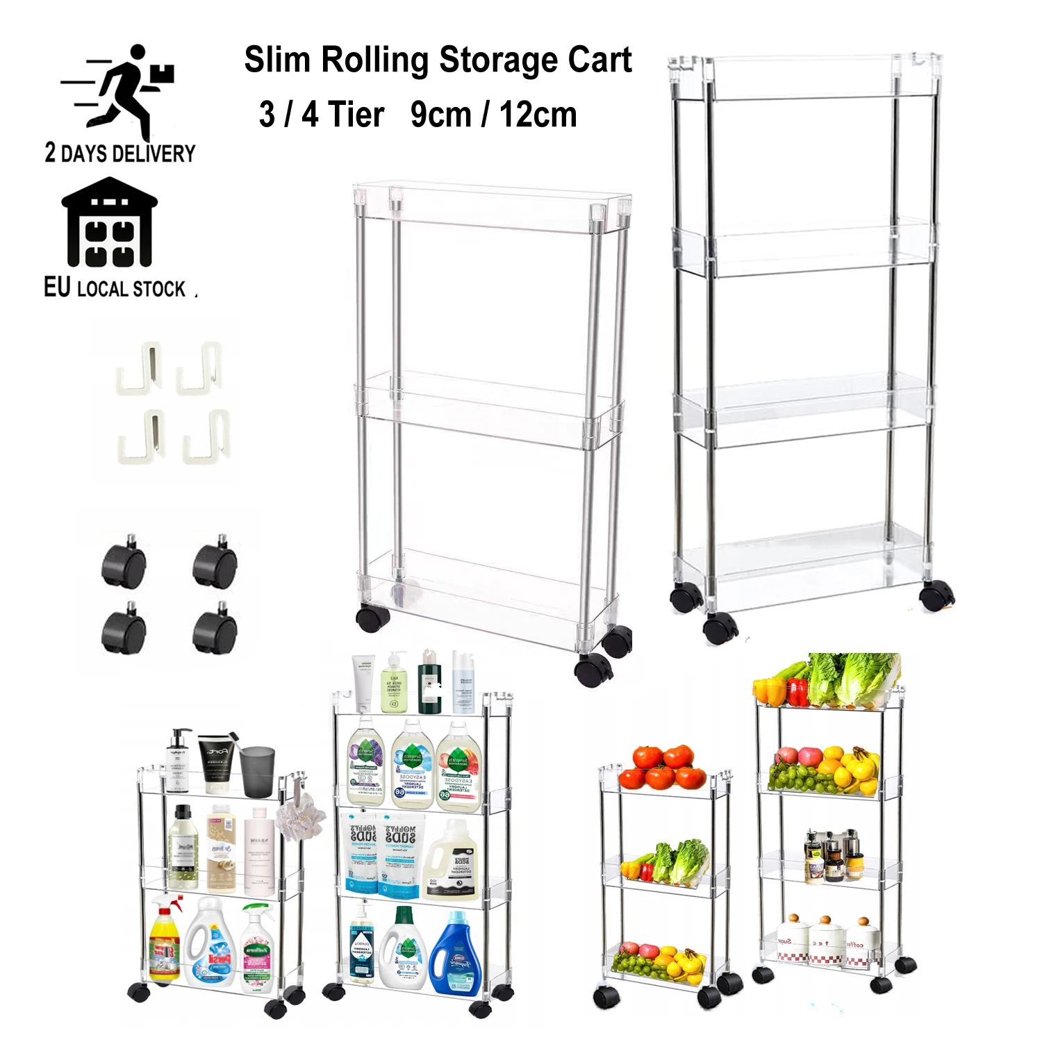 Slim Rolling Storage Cart, 3/4 Layers  9cm/12cm Organizer Mobile Shelving Unit for Kitchen Office Bathroom Laundry Narrow Places