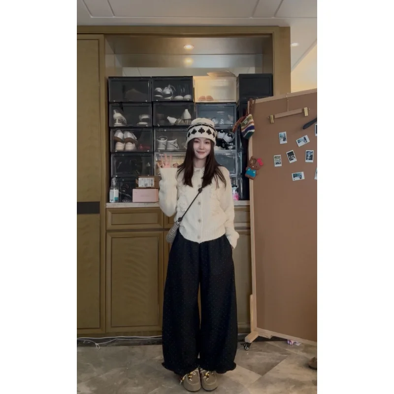 

Модные повседневные брюки в горошек с кружевом, осенне-зимние, прямого кроя, с завышенной талией, из полиэстера, женские, премиум-качество