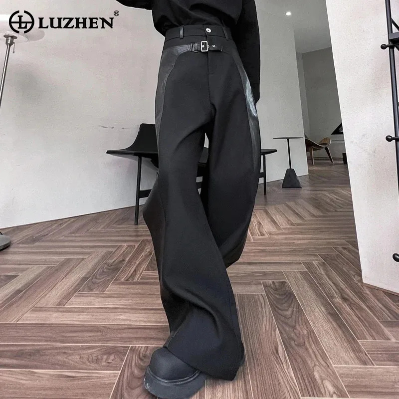 LUZHEN Men 2024 Fashion High Street Casual Pants Faux Leather Patchwork Original Design Loose Korean Trendy Male Trousers LZ5214