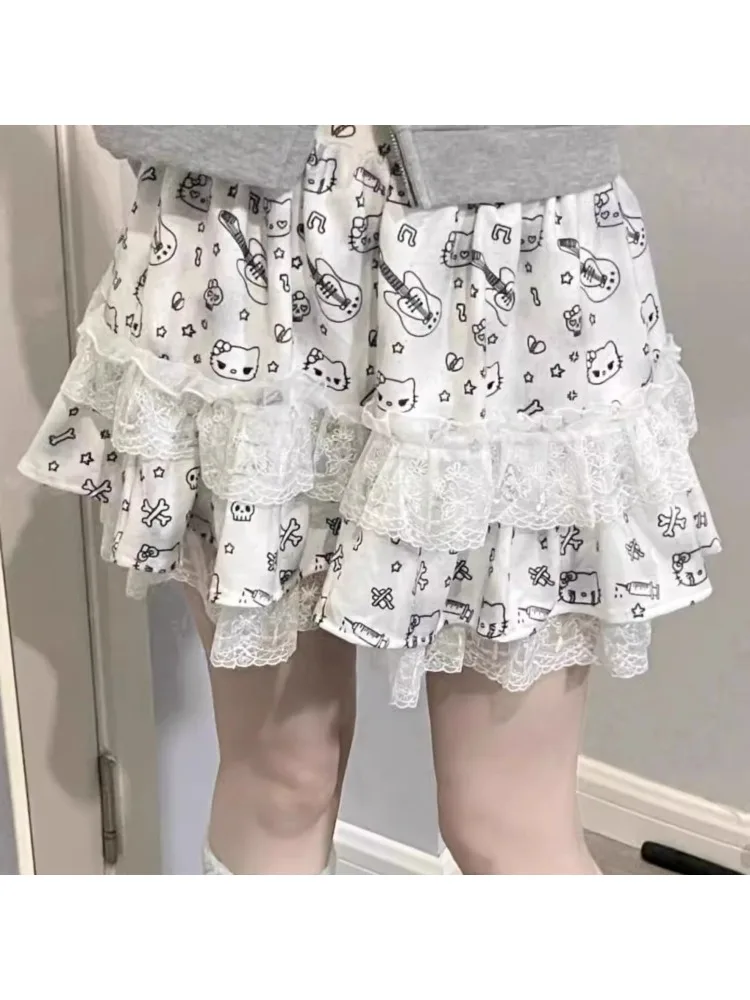 

HOUZHOU Japanese Style Kawaii Y2k Skirt Women Summer Harajuku Lolita Coquette Mini Skirt Lace Ruffles Patchwork Cartoon Print