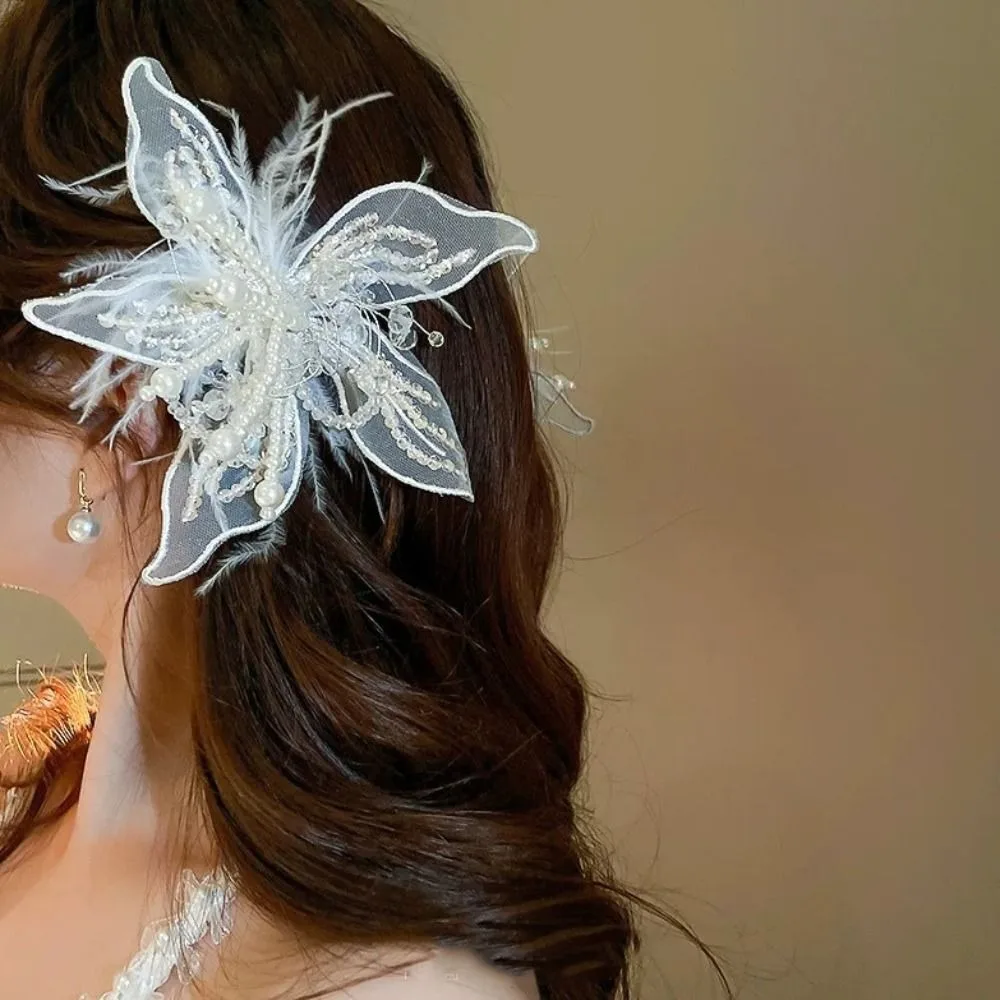 Fascinator Lace Flower Duckbill Clip Dance Show White Fairy Fringe Clip Bridal Wedding Floral Mesh Flower Hairpin Girl/Women