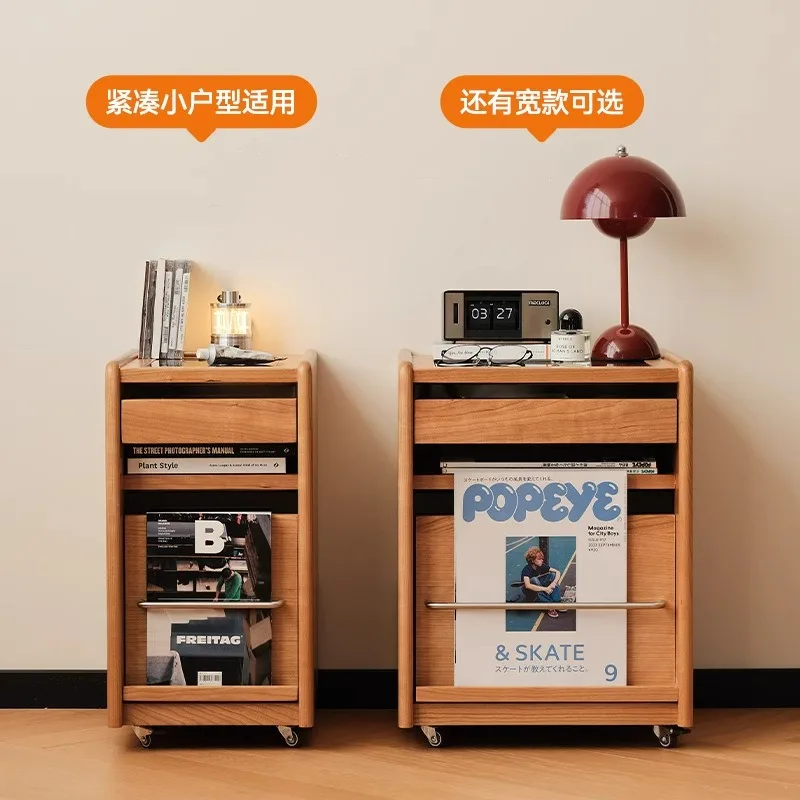 Extremely narrow bedside table Small Japanese cherry wood furniture Movable storage cabinet Solid wood storage cabinet