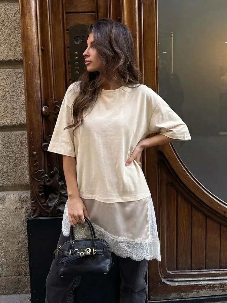 HH Damen Elegante Modische Bluse Einfarbig O-Ausschnitt Kurzarm-Shirt Asymmetrischer Saum Spitzen-Patchwork T-Shirt Lässiges Abendhemd Top