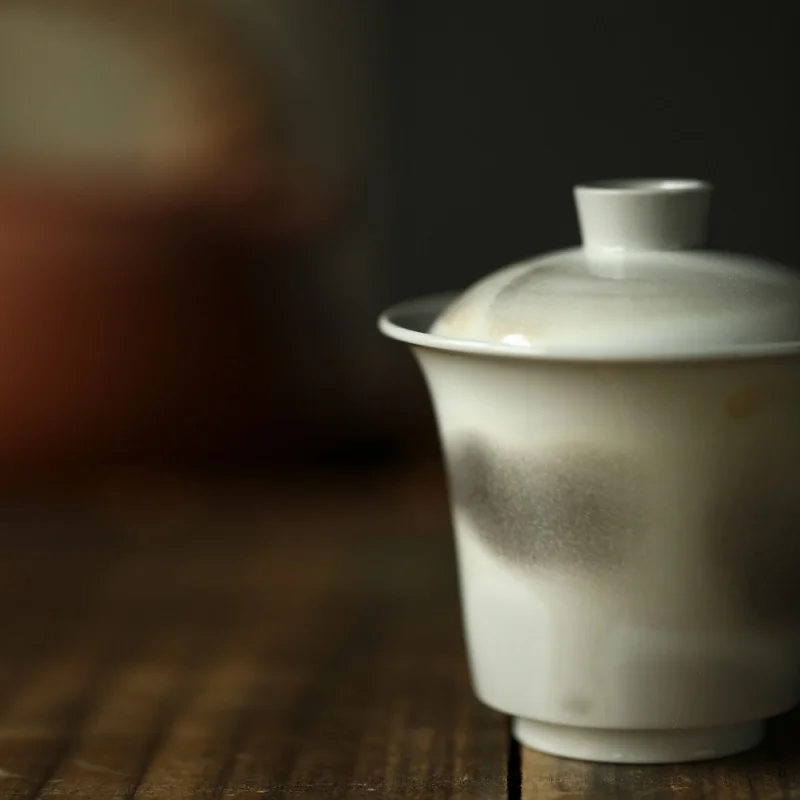 ★Jingdezhen Ink Firewood Burning Tureen Handmade Bare Burning Natural Dust Antique Kung Fu Tea Set Porcelain Tea Brewing Tureen