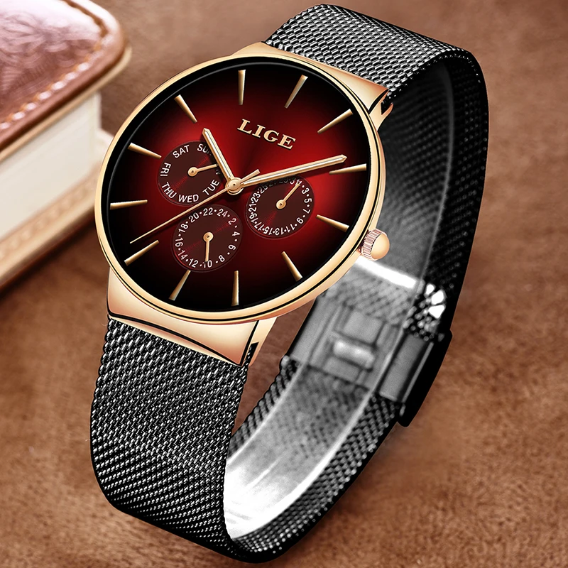 LIGE New Fashion Women Watches Top Brand Luxury Quartz Watch Women Mesh Steel Waterproof Ultra-thin Wristwatch For Women Clock