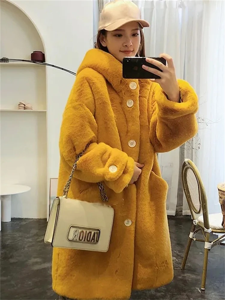 Warm Thicken Hooded Faux Fur Coats Winter Elegant Women Jackets Oversized Plush Mid-length Jaqueta New Korean Furry Outerwear