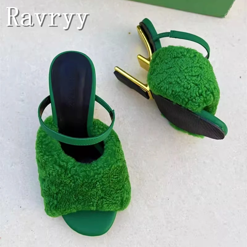 

New Fashion Fur Open Toe Women Slippers Brand Design Strange Wedge Heels Sandals Elegant Ladies Banquet Party Shoes