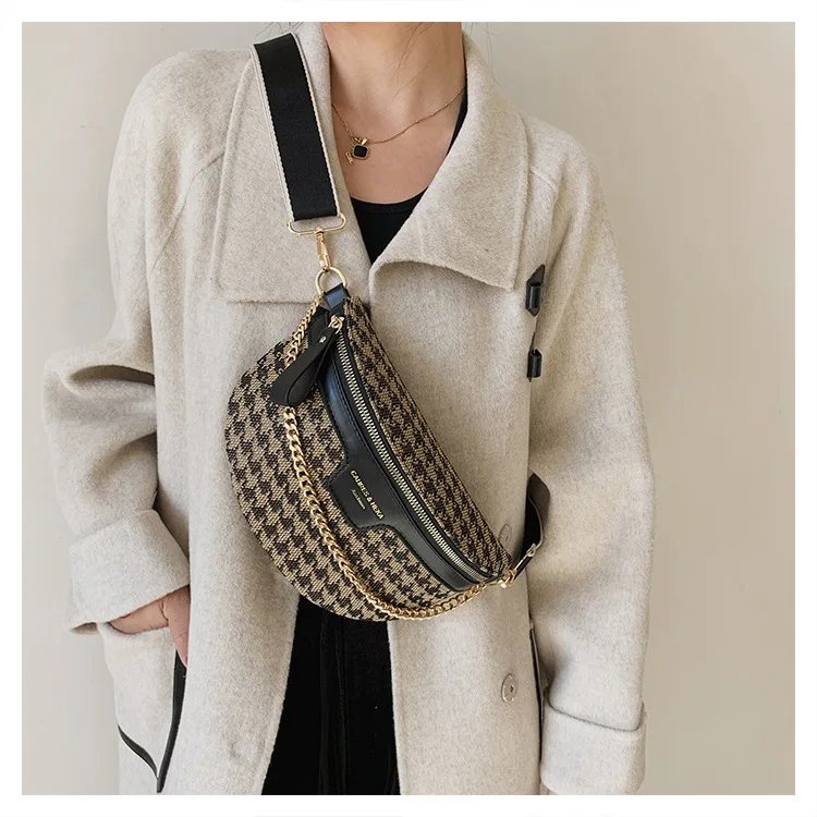 

Women's canvas leopard print single-shoulder bag, metal chain, checkered crossbody multi-functional chest bag and waist bag