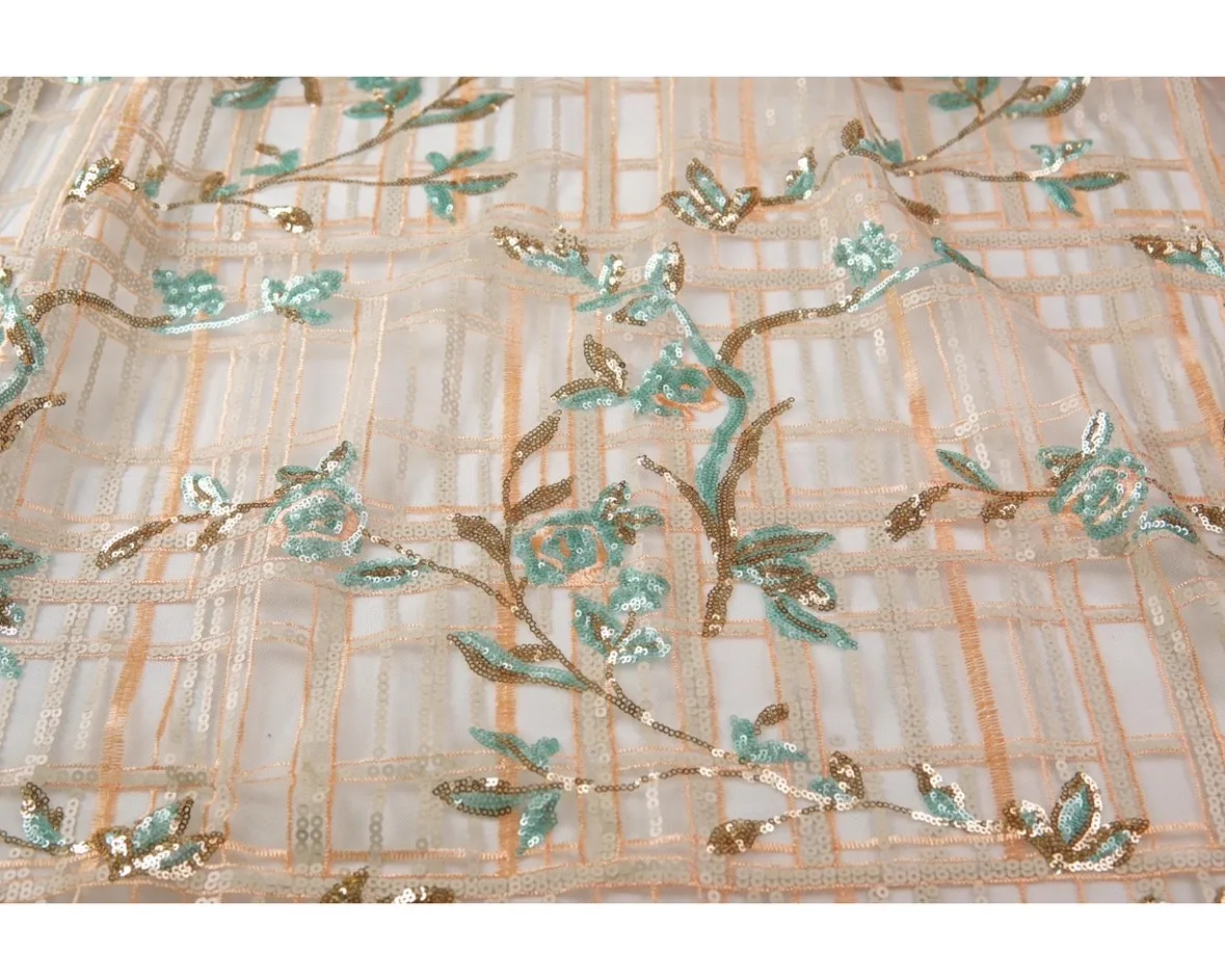 

1 ярд клетчатый цветок с блестками, трехмерная сетка для вышивания, ткань для шитья, платье Cheongsam по индивидуальному заказу, дизайнерская ткань