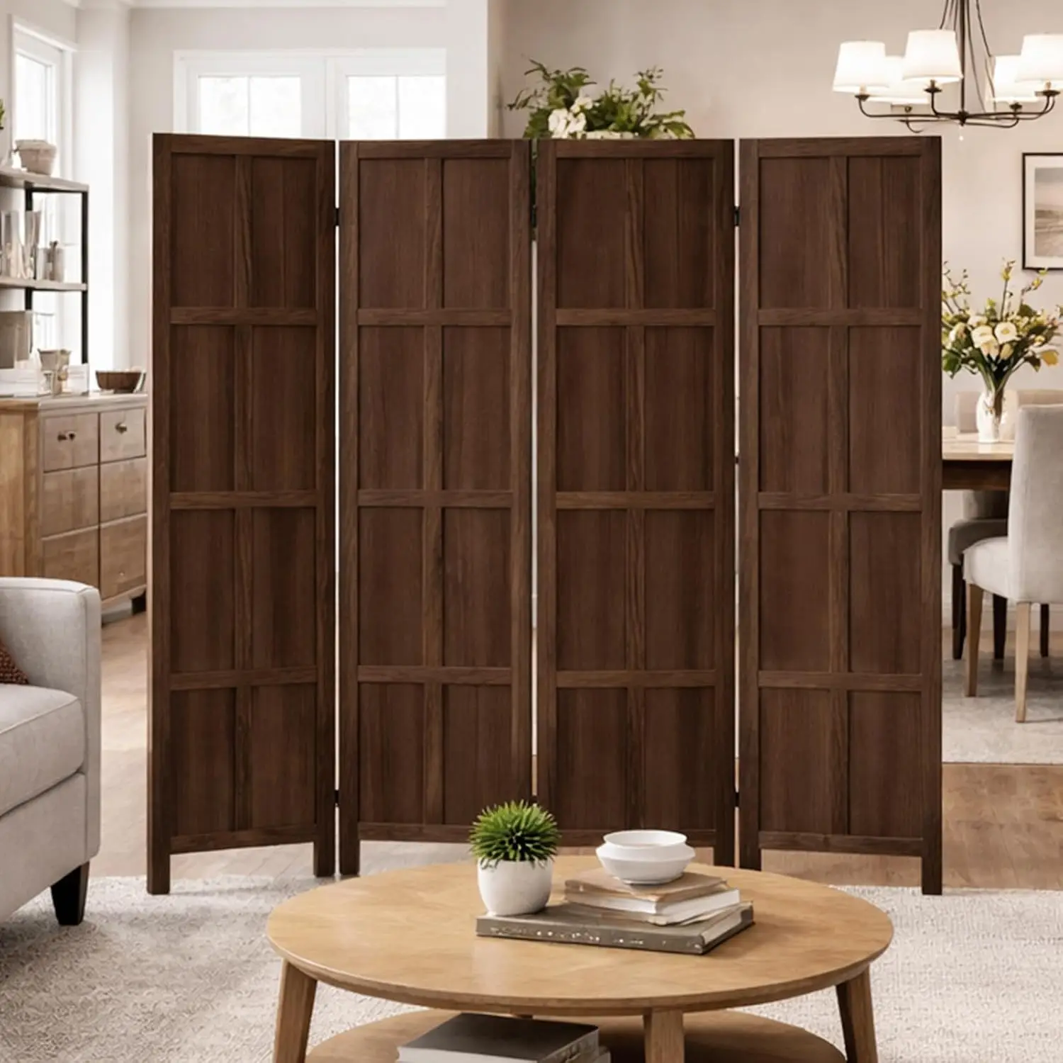 4 Panel Wood Room Divider and Folding Privacy Screen 67″, Brown