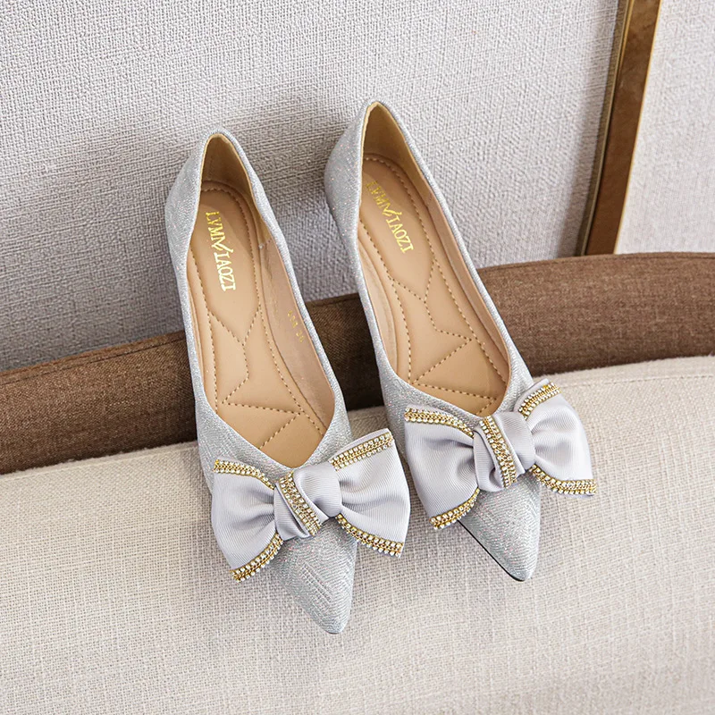 Bow Tie Pointed Toe Single Shoe Women\'s 2024 New Spring and Autumn Fairy Gentle Flat Bottom Large Size Women\'s Shoes 41-43