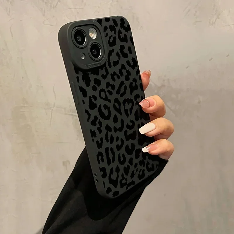 Black Leopard Print Silicone Case for iPhone 16 15 14 Pro Max 12 13 Mini 11Pro XS XR 7 8 Plus Dustproof Shockproof Cover - náhled 2
