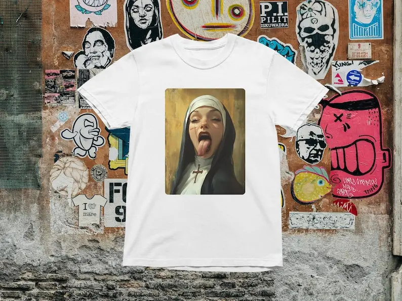 Rebellious Nun T-Shirt: Edgy Gothic Religious Art Unisex Pure cotton high-definition pattern comfortable short-sleeved shirt