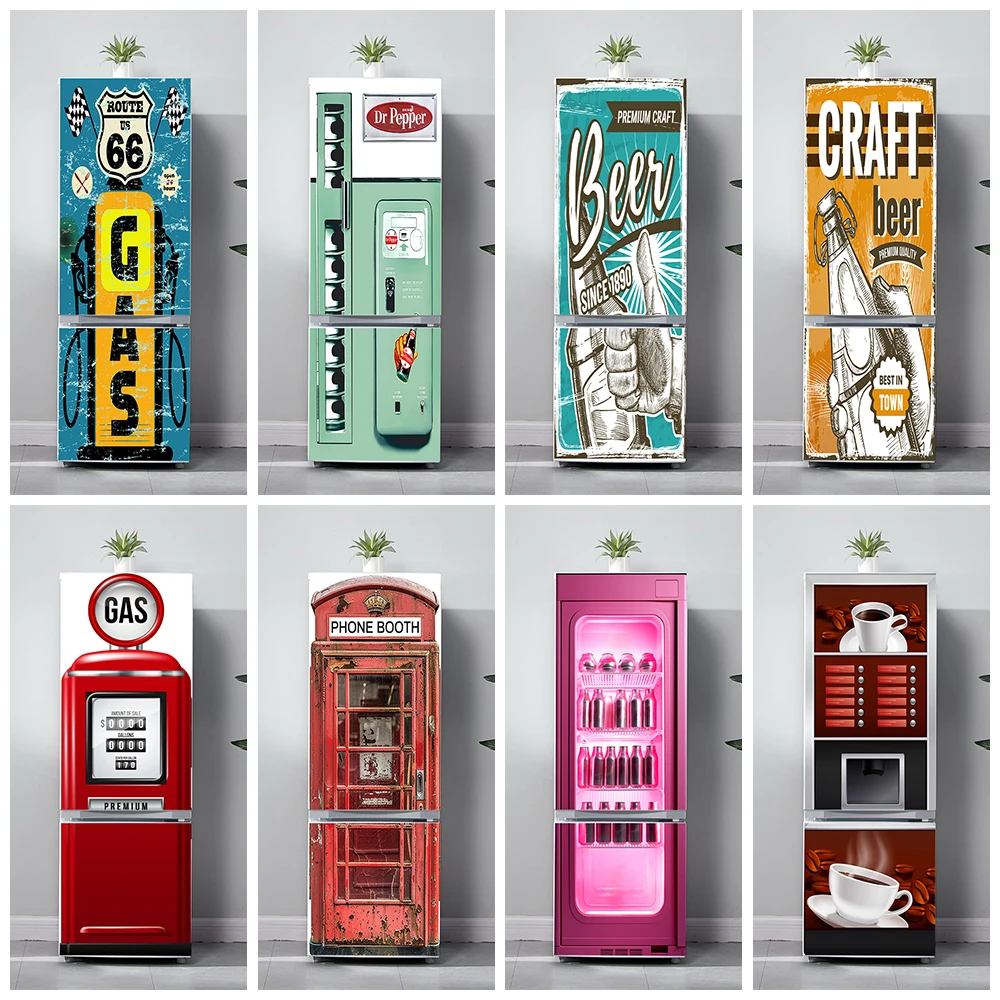 Retro Phone Booth Printed Refrigerator Door Panel Decals Waterproof Kitchen Modeling Coffee Beer Poster Fridge Door Stickers