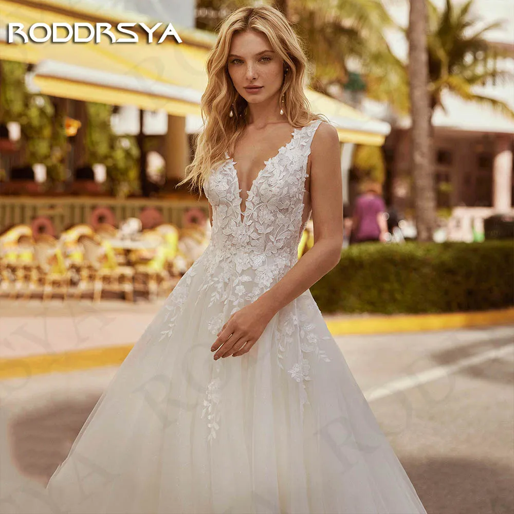 RODDRSYA Beach A Line Wedding Dress For Bride Sleeveless Boho Lace Backless V Neck Bridal Dresses Tulle A Line свадебное платье