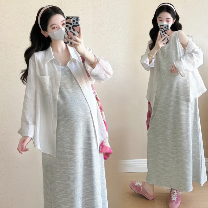 Maternity Suit Summer 2026 Minimalist Versatile Striped Sleeveless Dress and Long Sleeve Shirt for Pregnant Women Daily Wear