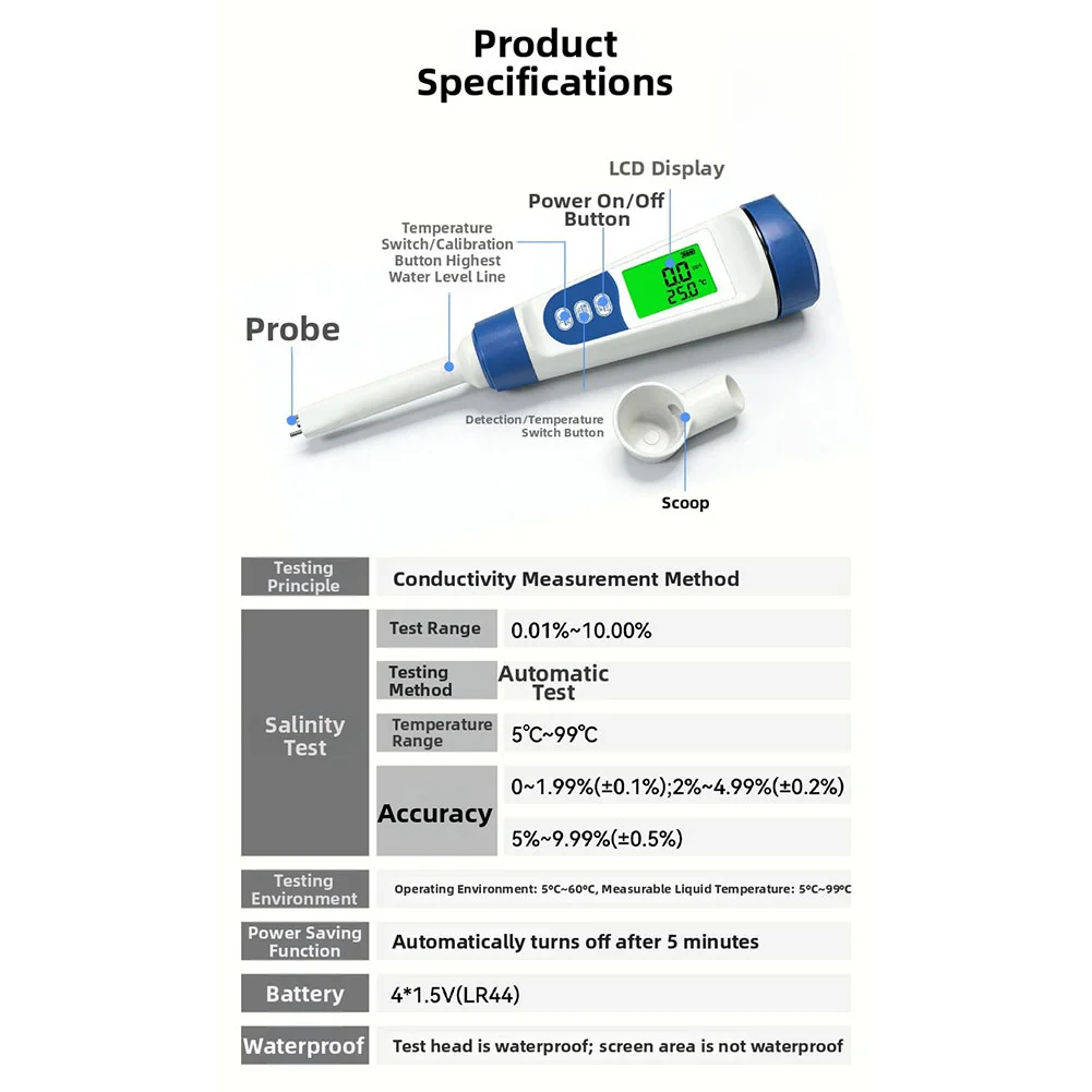 KS01 Digital Salinity Meter 0.01% To 10% With Temperature Compensation Fast 3s Detection For Cooking Aquaculture Food Processing