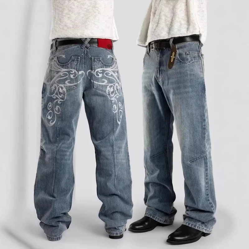 Mens Jeans Harajuku European American Streetwear Heavyweight 3D Graphic Print Denim Pants Loose Fit Autumn Casual Retr Trend New
