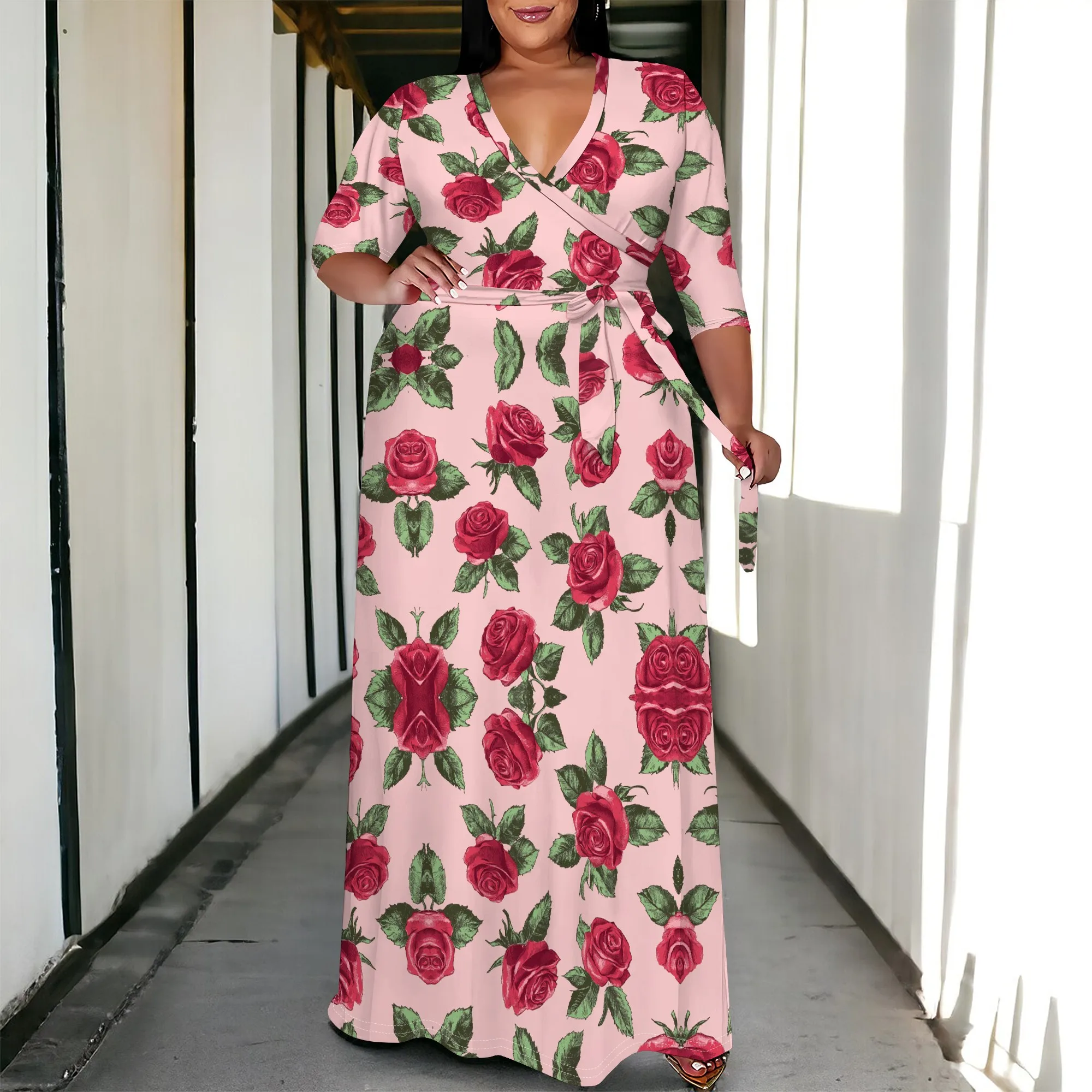 

Roses Print V Neck Maxi Dress for Women Summer Romantic Belted Long Sleeve Party Gown