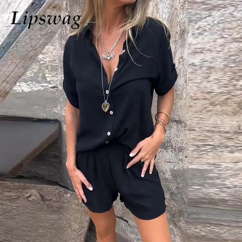 

Casual Solid 2024 Outfits Cotton Linen Fashionable Beach Set Women Lapel Button Short Sleeved Shirts Top+Button Shorts Suit