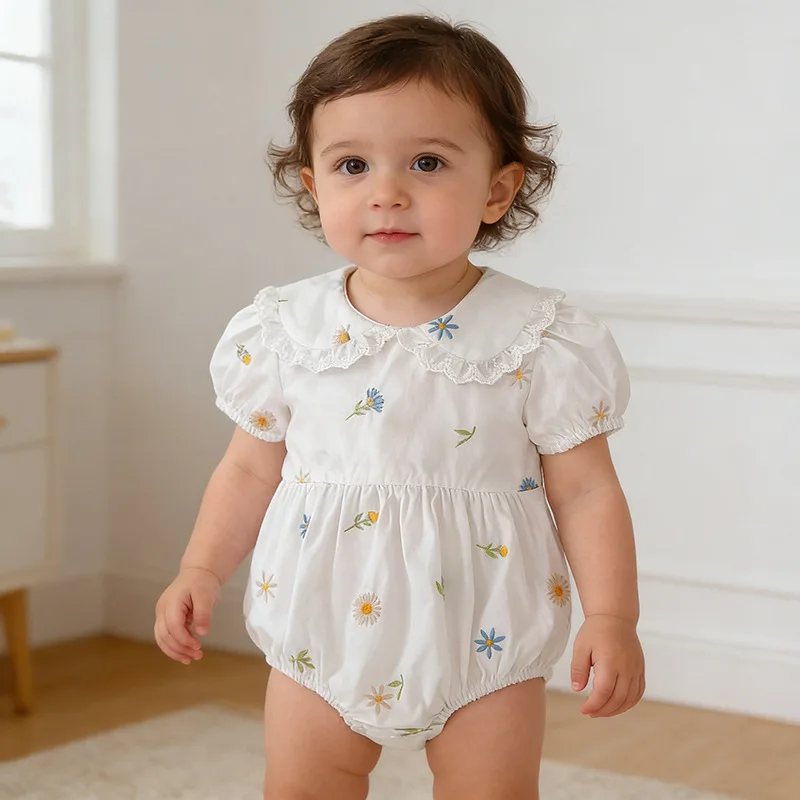 Summer New Baby Clothes for Girls Baby Crawling Clothes Korean Sweet Embroidered Short Sleeved Rompers Outdoor Wear