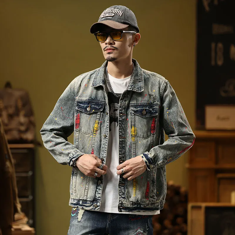 

Streetwear Fashion Men Jacket Autumn Retro Washed Blue Painted Designer Bomber Jacket Men Denim Coats Hip Hop Chaqueta Hombre