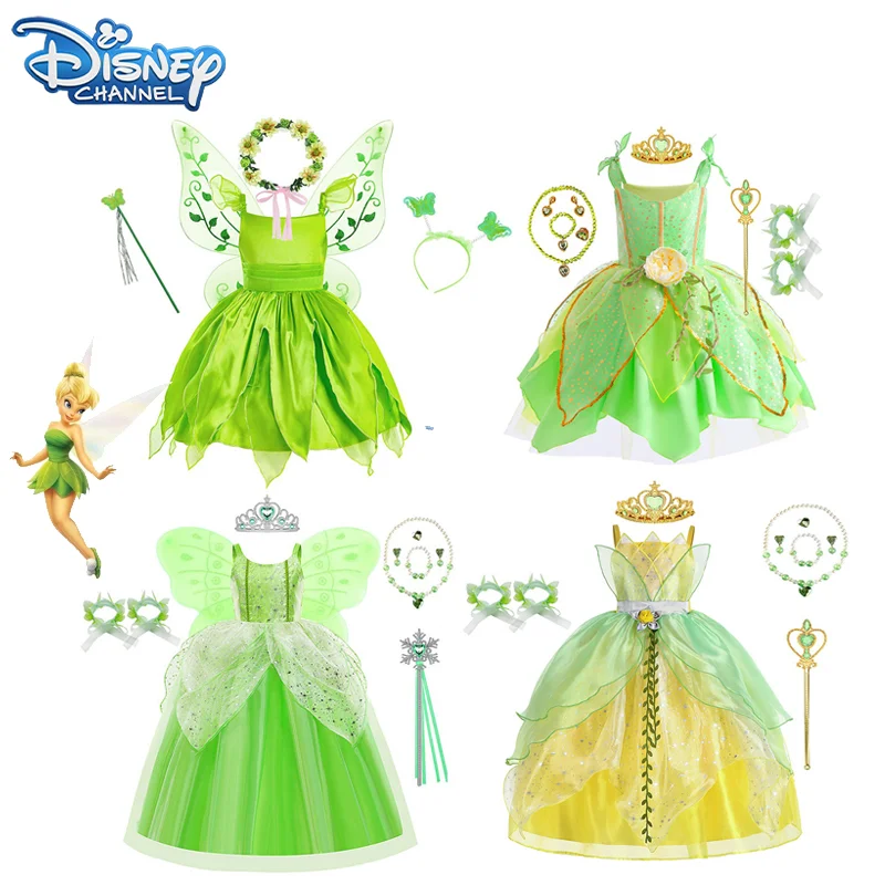 Disney Tinker Bell Princess Halloween Cosplay Girls Party Green Flower Fairy TinkerBell Dress Elf Costume Glitter Butterfly Wing