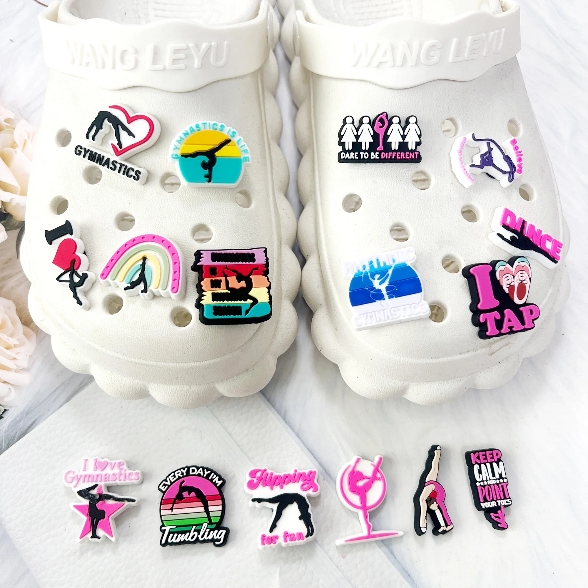 9-20Pcs Rhythmic Gymnastics Tumbling Flipping Ballet Swan Dance PVC Shoe Charms For Clogs Pins Sandals Shoes Slipper Accessories