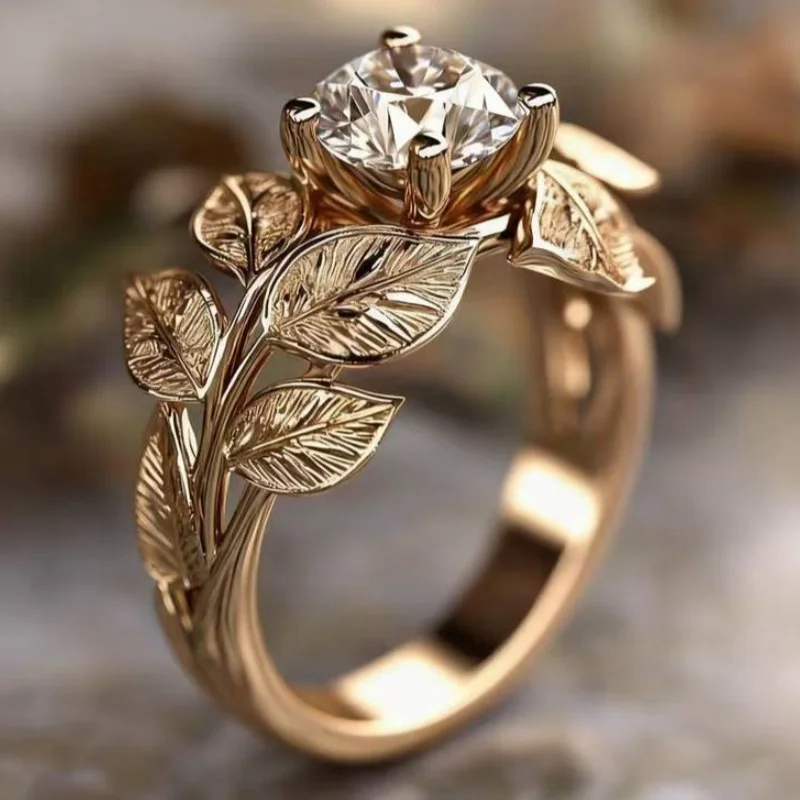 Design Inlaid White CZ Leaf Women's Ring Trendy Golden Color Hand Carving Daily Wear Party Jewelry Anniversary Gift