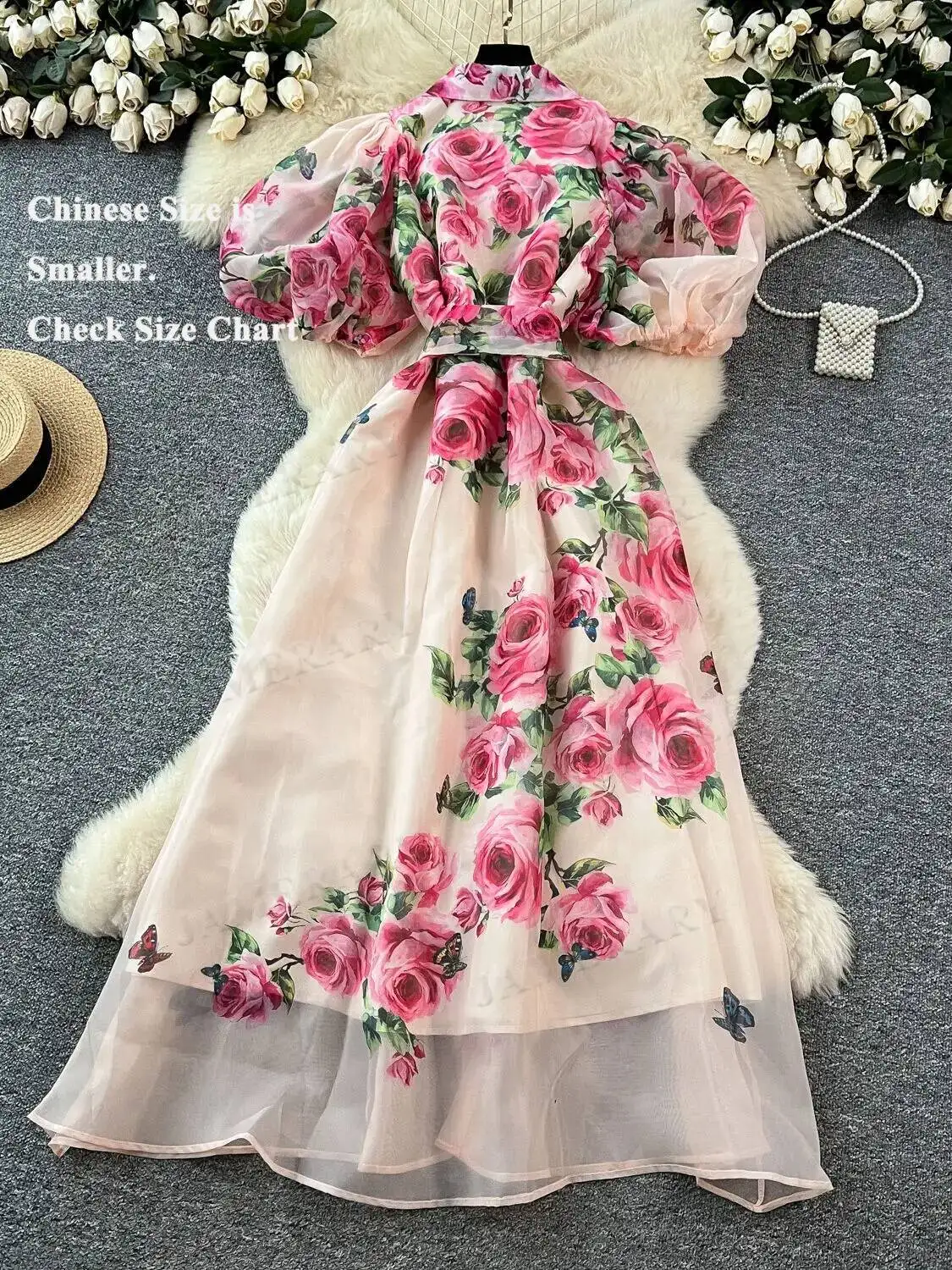 Abito lungo floreale in tulle di organza estivo da donna manica corta rosa fiore 3D monopetto ampio taglia grande una linea maxi abiti camicia