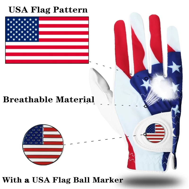 New Soft  Breathable Golf Gloves Men Leather Left Hand Right Hand Pair with Removable Usa Flag Ball Marker