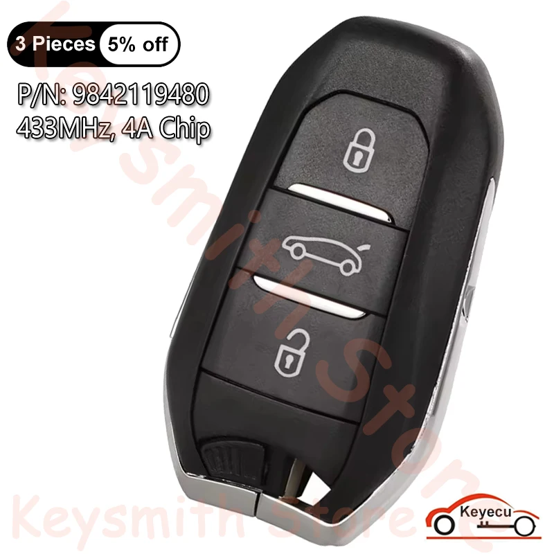 KEYECU 3 Buttons 433MHz 4A A3M05 A3M65 A3M15 Chip for Peugeot 308/308 SW 3008 408 2021-2025 Auto Smart Remote Key Fob 9842119480