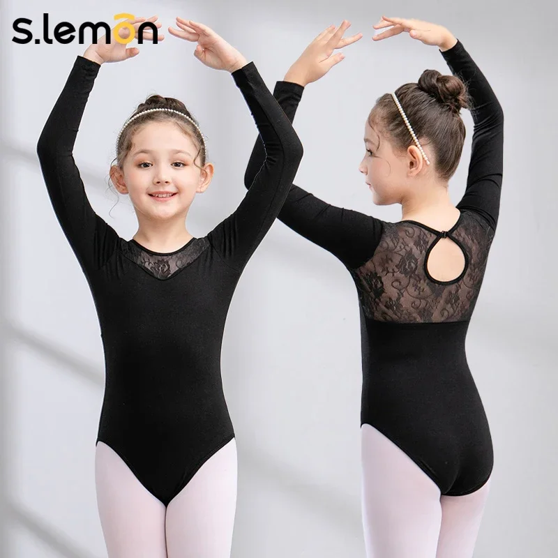 

S.lemon Kids Ballet Gymnastics Training Leotard Girls Long Sleeve Lace Dance Bodysuit Black Chinese Dance Wear 90-150CM