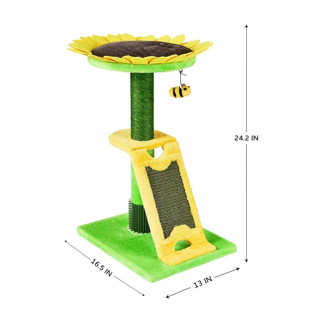 2-Level Cat Scratching Post with Sunflower Design Sisal Rope Bee Toy Sturdy Base Easy Assembly Promotes Healthy Claws Portable