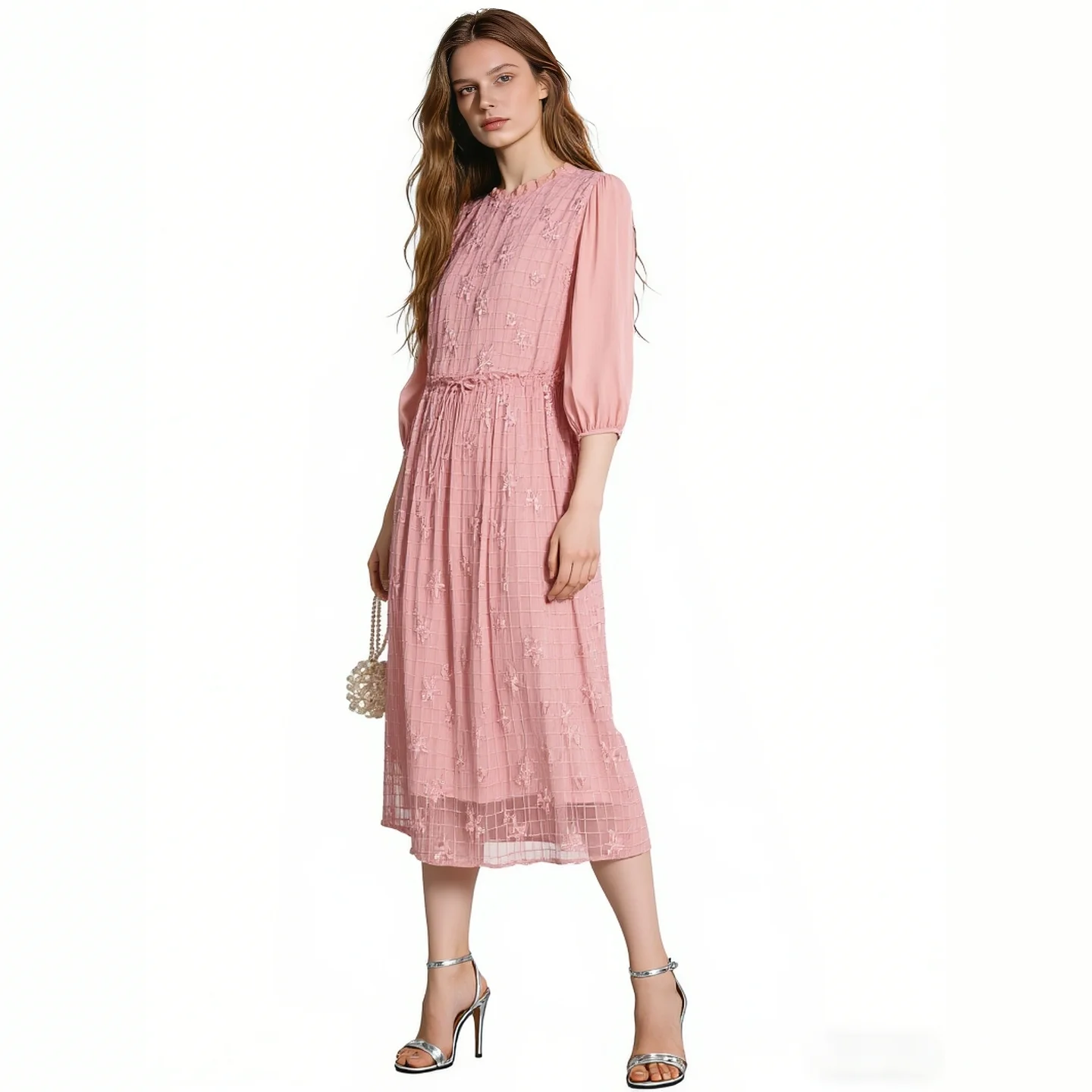 

2026 Spring Women Floral Grid Embroidered Chiffon Midi Dress Ruffle Neck Puff Sleeve Tie Waist Casual Dresses Pink