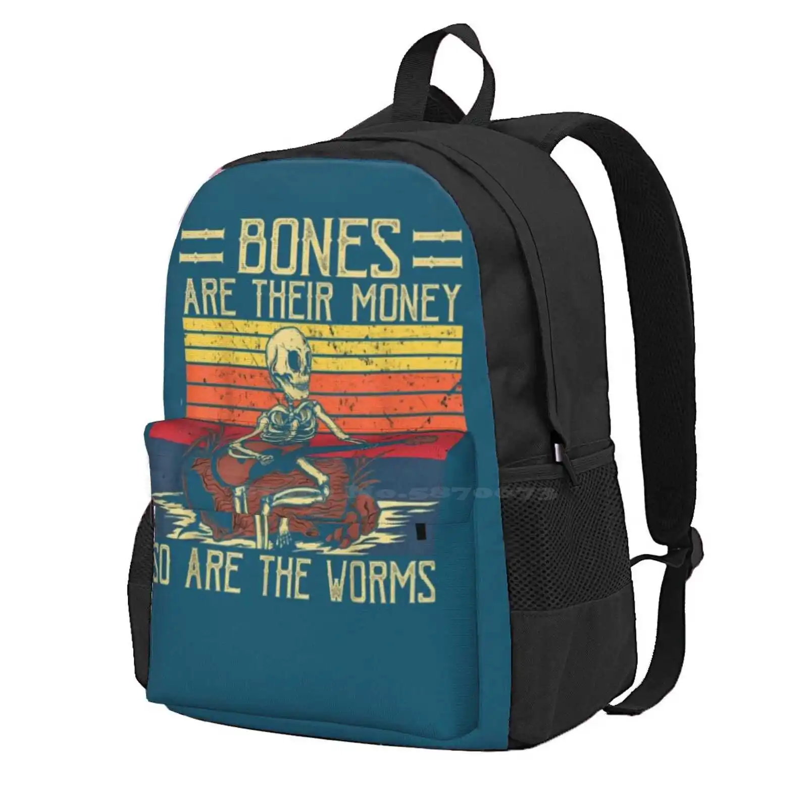 Bones Are Their Money Skeleton Playing Guitar Retro Vintage Hot Sale Schoolbag Backpack Fashion Bags Itysl Funny Sketch Comedy