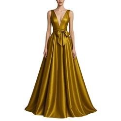 Satin Prom Dresses for Women 2025 A Line Elegant Formal Evening Party Gowns Long V Neck Belt Bow Simple Wedding Guest Dress