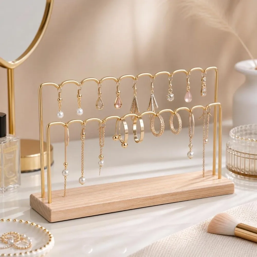 Multi-Layer Earring Display Stand Jewelry Photography Prop Space Saving Jewelry Holder Rack Natural Wood Base Hanging Bar Stand