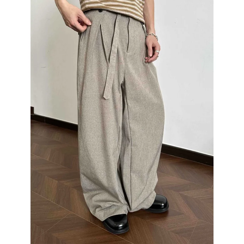 

Men's Spring and Autumn Quiet Luxury Khaki Flowing Frost Feel Belt Kendo Pleated Low Waist Trousers Wide Leg Casual Pants