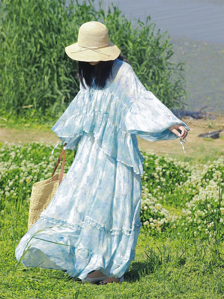 新中式スレフェアリーゴールドプリントルーズランタンスベイトロングスカートツーピースセット初秋2025新エレファイオン...