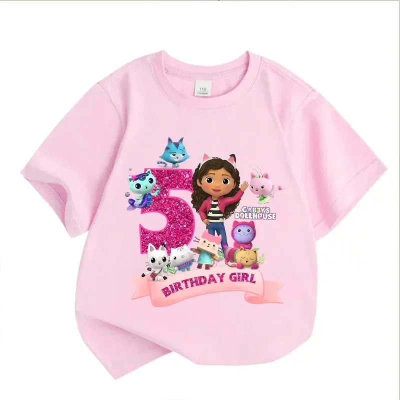 Gabbys Dollhouses Geburtstags-T-Shirt für Mädchen, weiß, rosa, kurzärmelig, Oberteile, Baumwolle, Sommer, Freizeit, Partyartikel, T-Shirt. – Detail 4