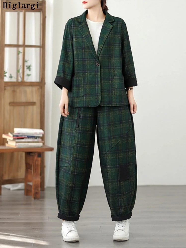 

Осенний клетчатый принт большого размера, комплект из двух предметов, женский повседневный модный женский пиджак, костюмы, пальто, свободные плиссированные женские шаровары