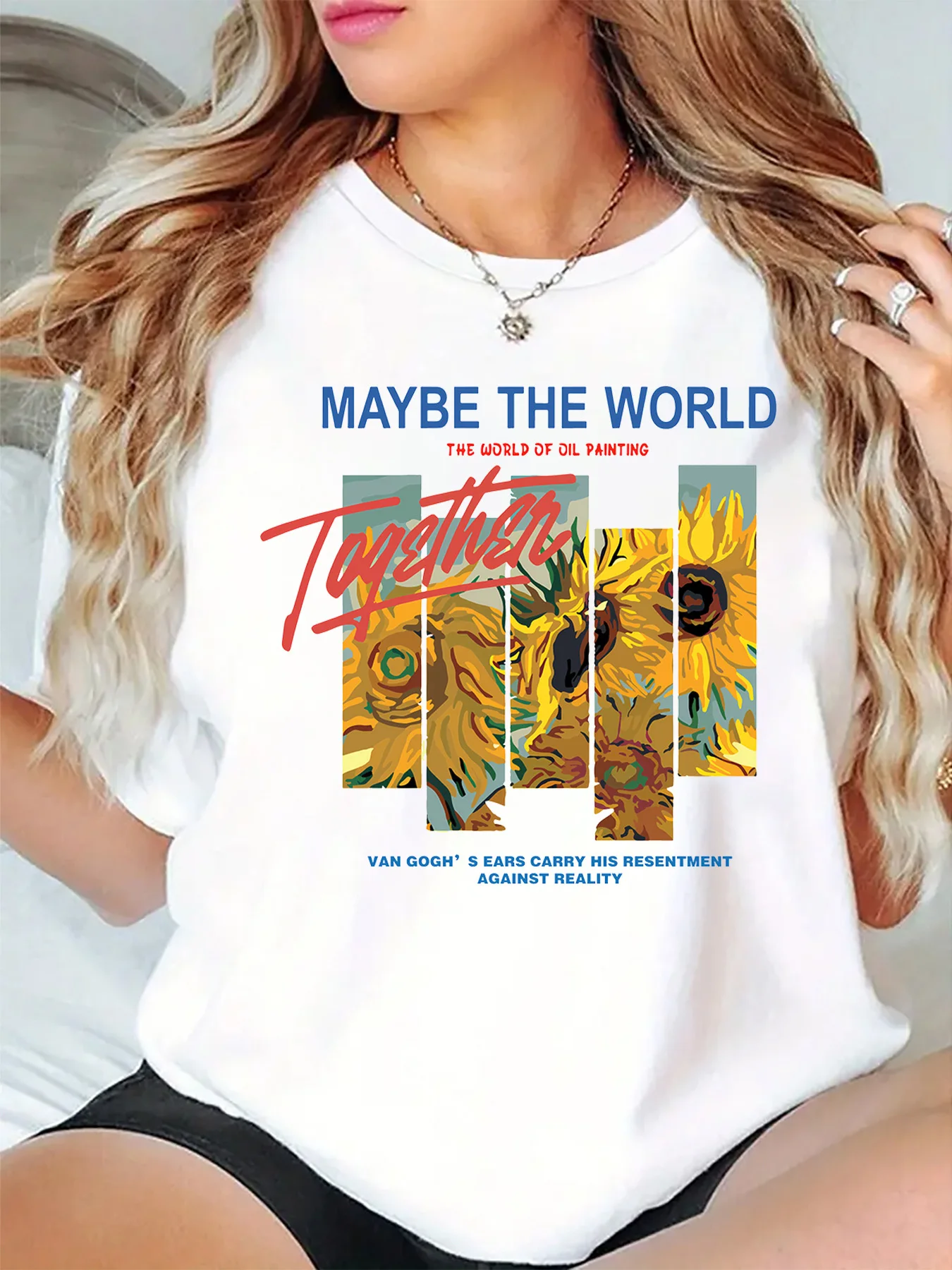 Womens O Neck Short Sleeve T Shirt Van Gogh Sunflower Oil Painting Maybe The World Together Text Art Graphic Casual Daily Tops